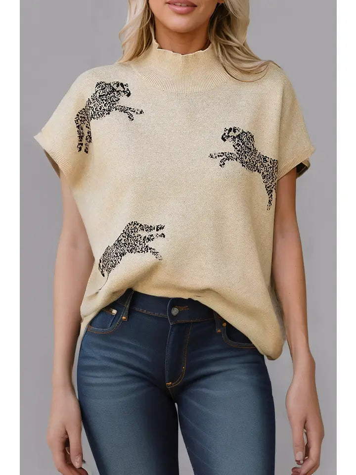 Cheetah Pattern High Neck Short Sleeve Sweater