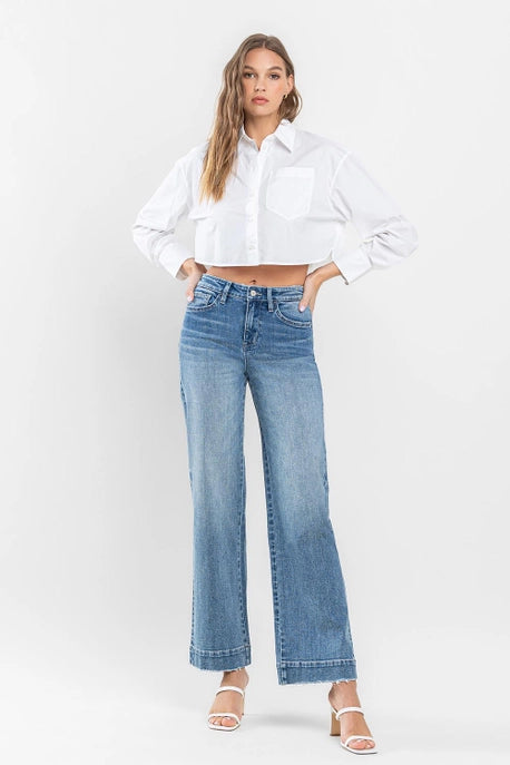 High Rise Trouser Hem Wide Leg Jeans