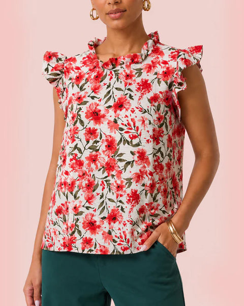 Effortless Ruffle Sleeve Top in Red Floral