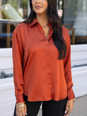 Satin Button Down Top in Rust