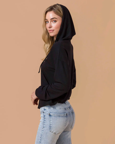 Pullover V-Neck Drawstring Hoodie - Black