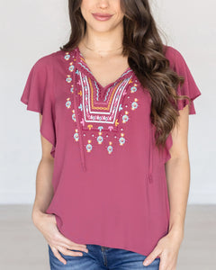 Ruffle Sleeve Embroidered Top
